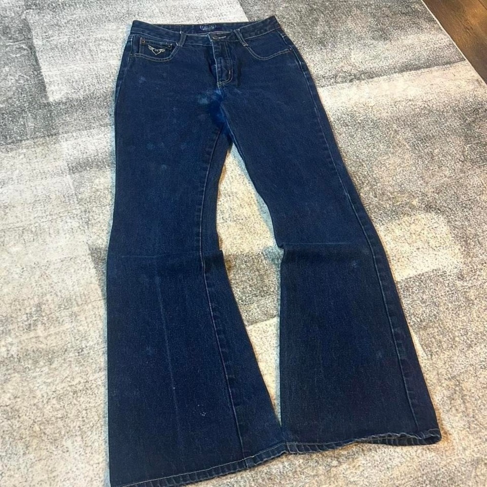 Navy blue vintage women's‎ Y2K embroidered pockets angles flare jeans